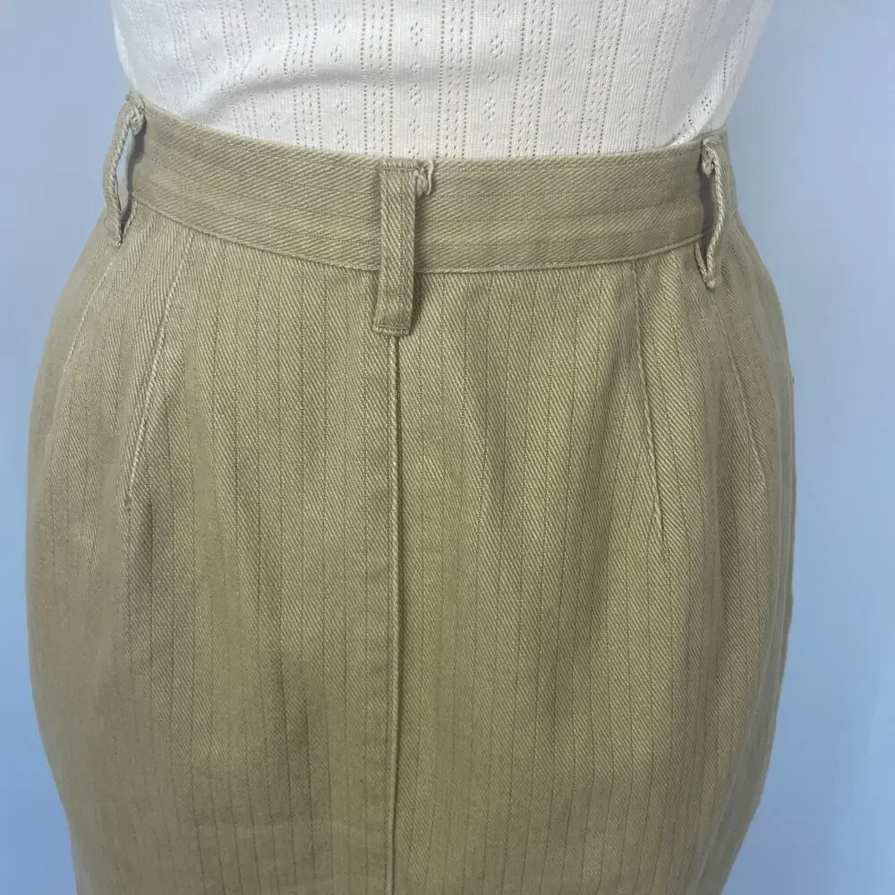 Vintage Button Front Skirt Size 10 Khaki Tan Pinstripe Minimal Rodeo Western 90s